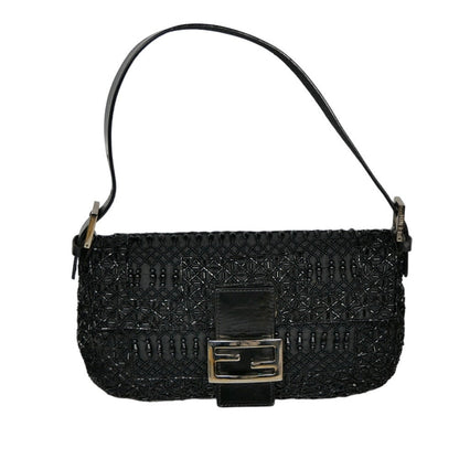 Fendi Black Zucca Canvas and Lizard Embossed Leather Beaded Baguette Bag