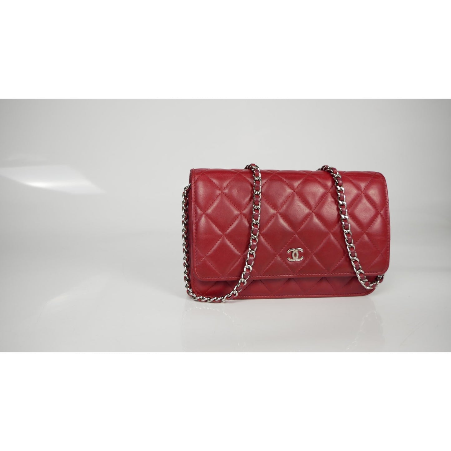 Chanel Red Quilted Leather CC Classic Flap Wallet on Chain