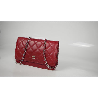 Chanel Red Quilted Leather CC Classic Flap Wallet on Chain