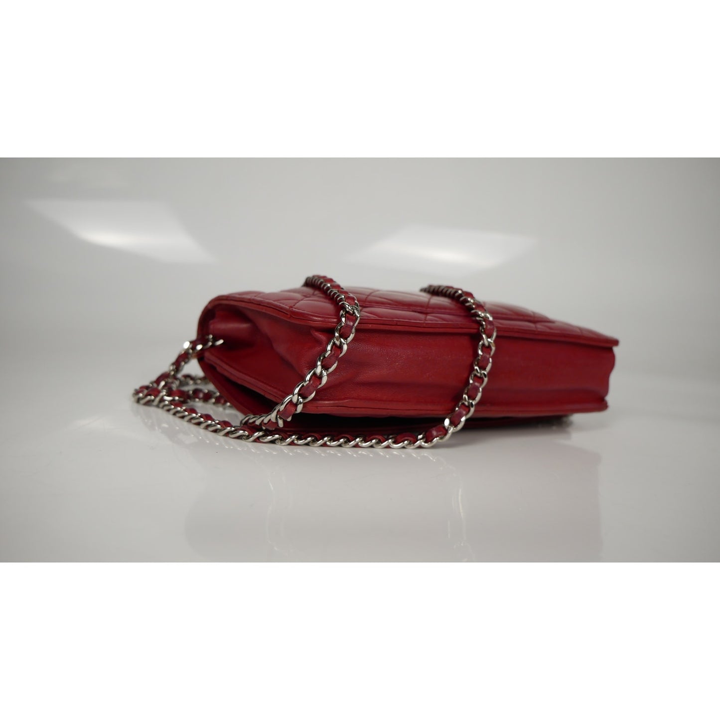 Chanel Red Quilted Leather CC Classic Flap Wallet on Chain