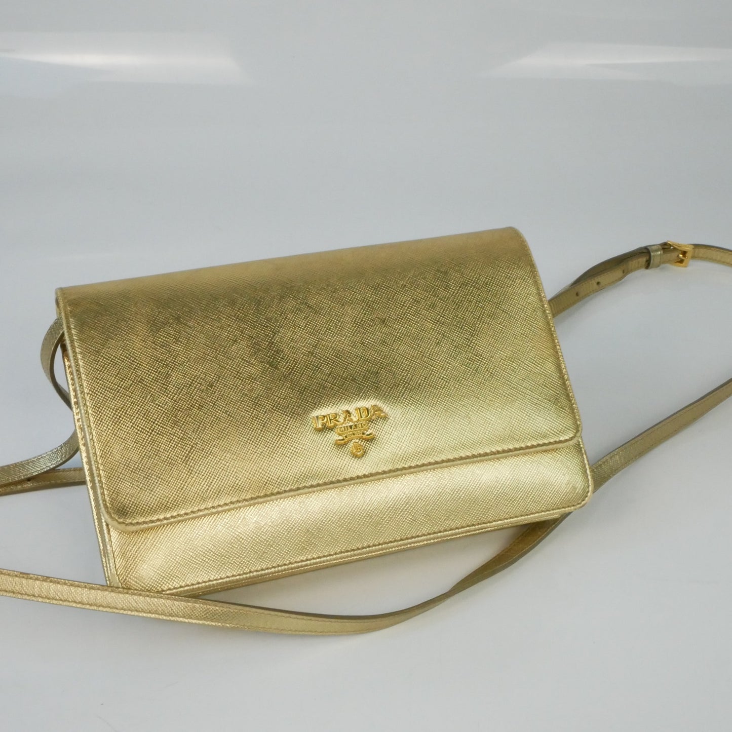 Prada Metallic Gold Saffiano Shine Leather Crossbody Bag