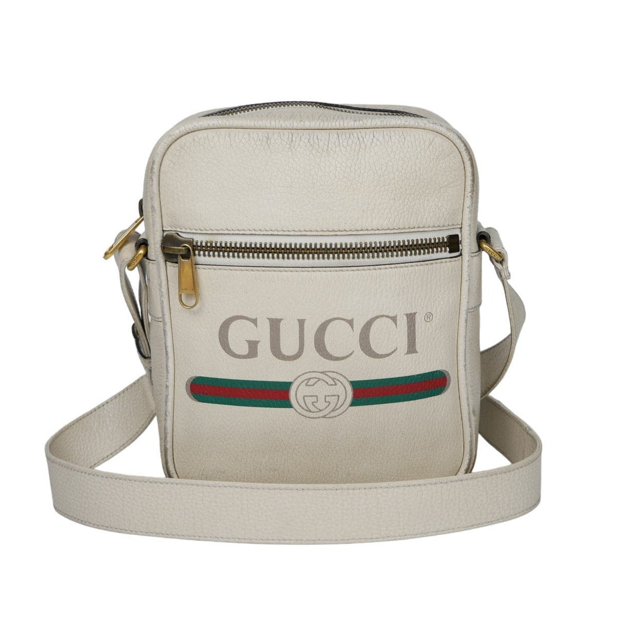 Gucci White Print Grained Leather Sherry Line Messenger Bag