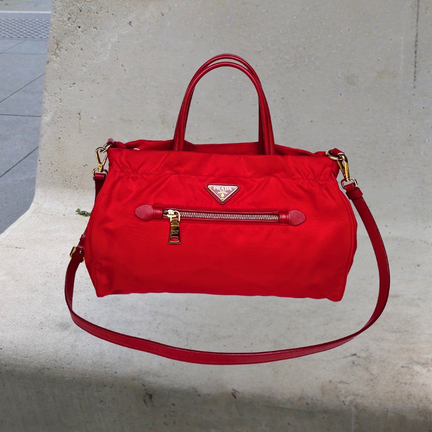 Prada Red Leather Nylon Shoulder Work Bag