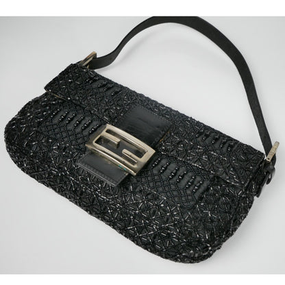 Fendi Black Zucca Canvas and Lizard Embossed Leather Beaded Baguette Bag