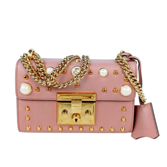 Gucci Pink Leather Faux Pearl Stud Leather