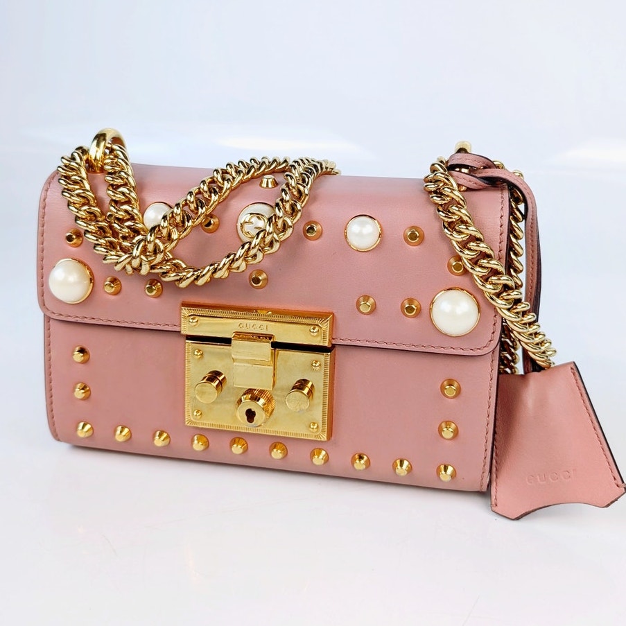 Gucci Pink Leather Faux Pearl Stud Leather