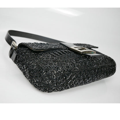 Fendi Black Zucca Canvas and Lizard Embossed Leather Beaded Baguette Bag