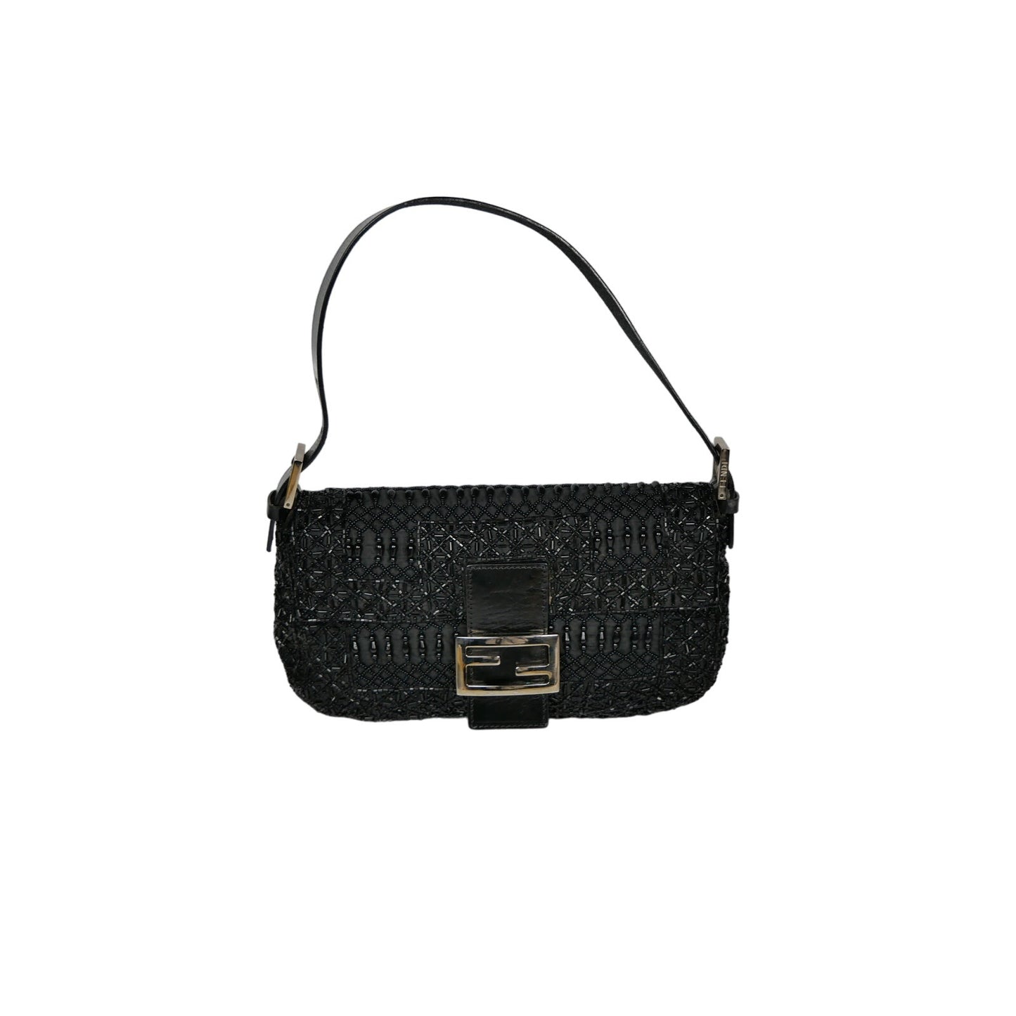 Fendi Black Zucca Canvas and Lizard Embossed Leather Beaded Baguette Bag