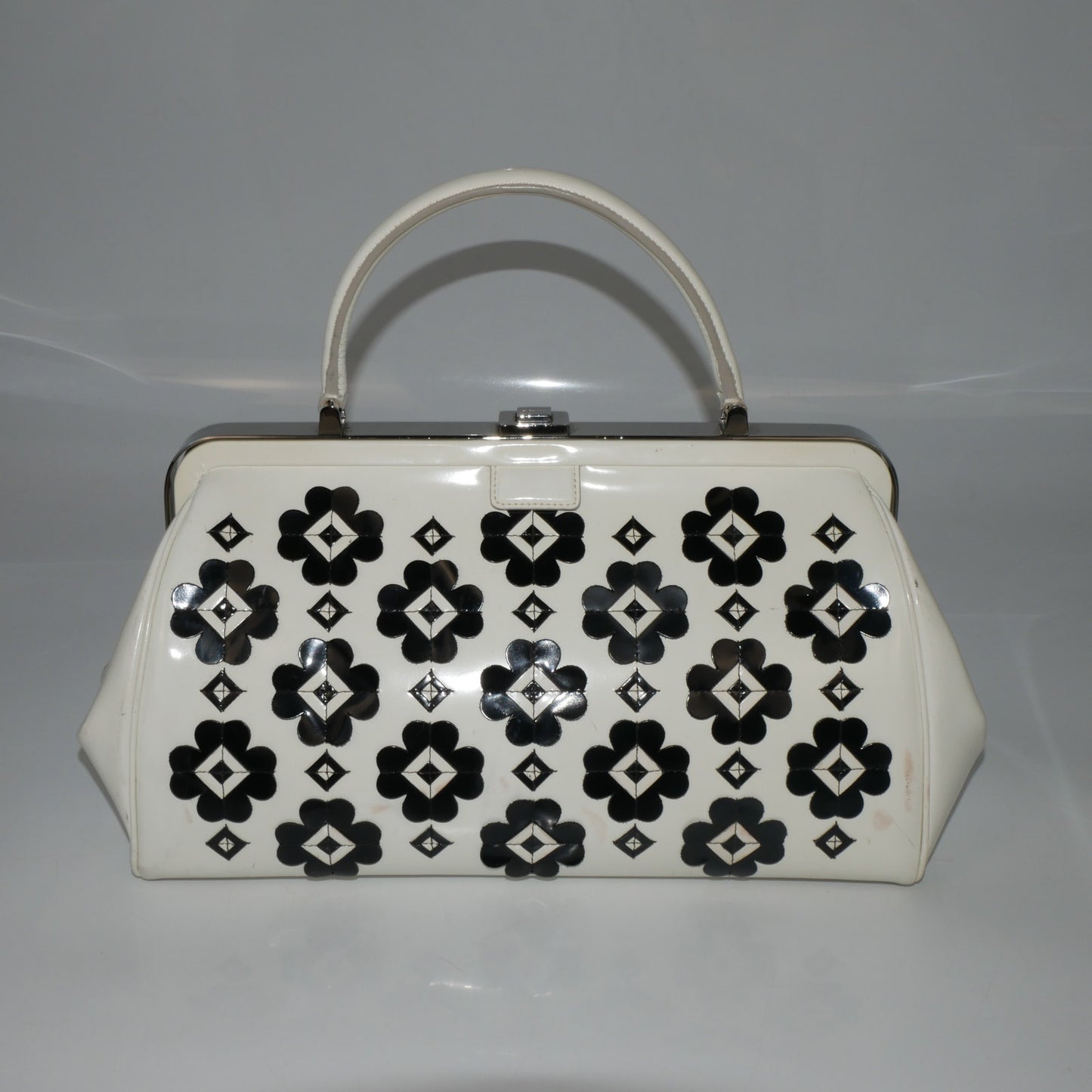 Prada Patent Leather Floral Hinge Top Handle Bag