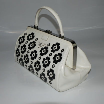 Prada Patent Leather Floral Hinge Top Handle Bag