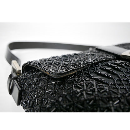 Fendi Black Zucca Canvas and Lizard Embossed Leather Beaded Baguette Bag