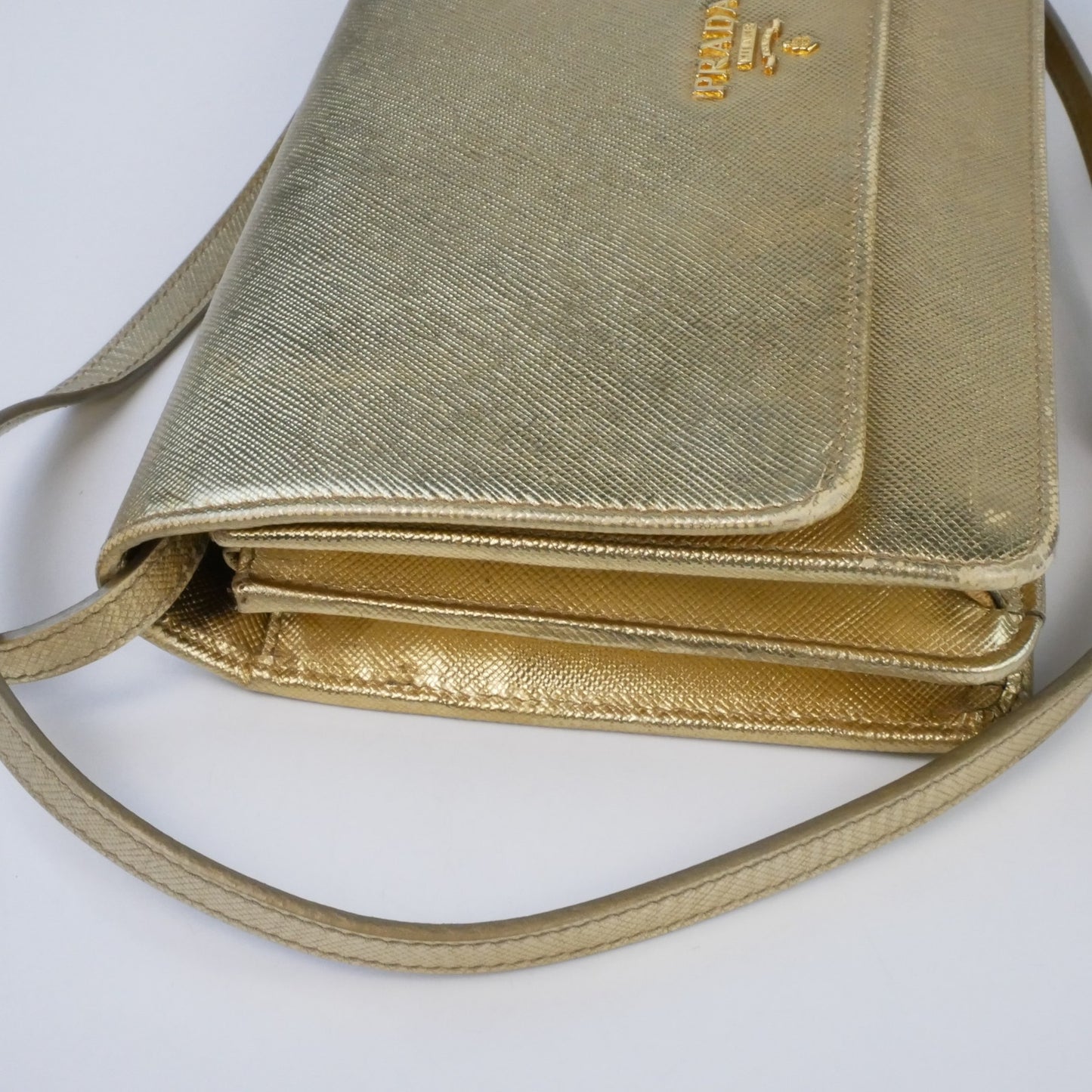 Prada Metallic Gold Saffiano Shine Leather Crossbody Bag