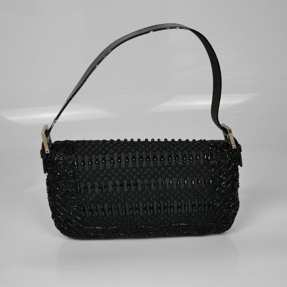 Fendi Black Zucca Canvas and Lizard Embossed Leather Beaded Baguette Bag