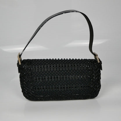 Fendi Black Zucca Canvas and Lizard Embossed Leather Beaded Baguette Bag