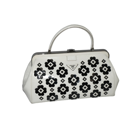 Prada Patent Leather Floral Hinge Top Handle Bag