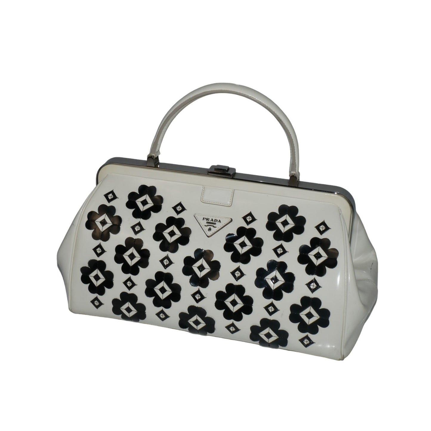 Prada Patent Leather Floral Hinge Top Handle Bag