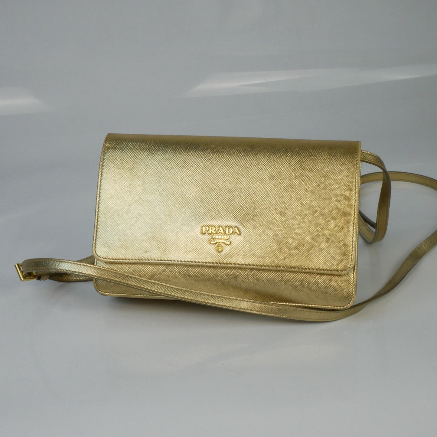 Prada Metallic Gold Saffiano Shine Leather Crossbody Bag