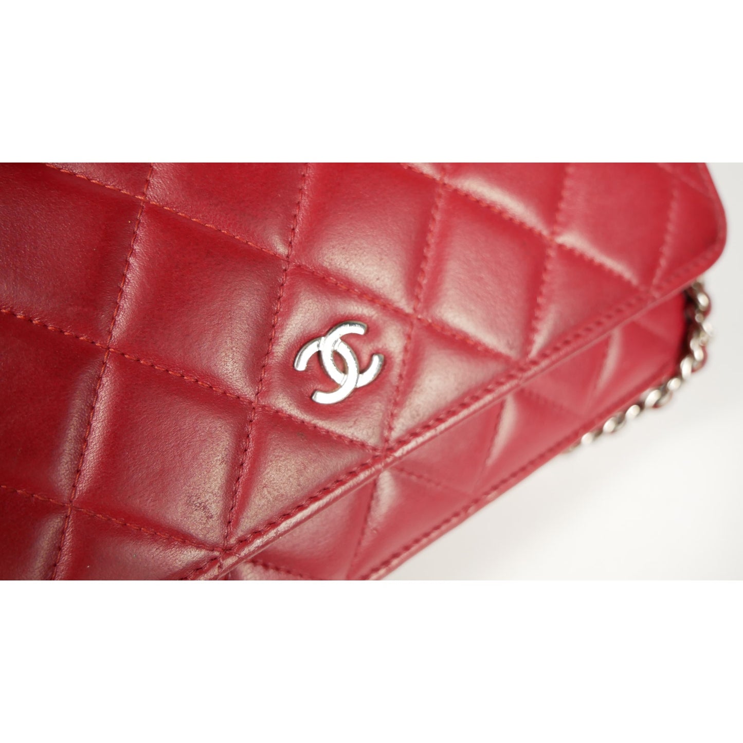 Chanel Red Quilted Leather CC Classic Flap Wallet on Chain