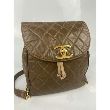 Chanel Brown Diamond Quilt Gold Metal Backpack Bag