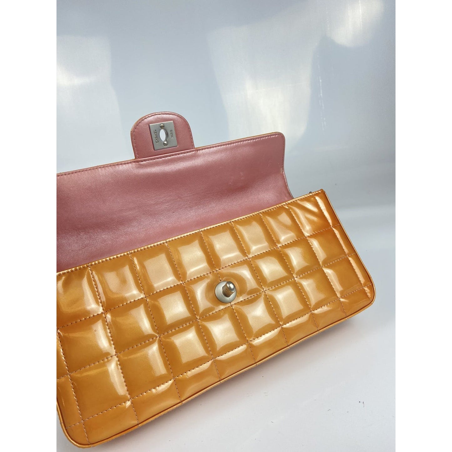 Chanel Orange Patent Leather Chocolate Bar Shoulder Bag