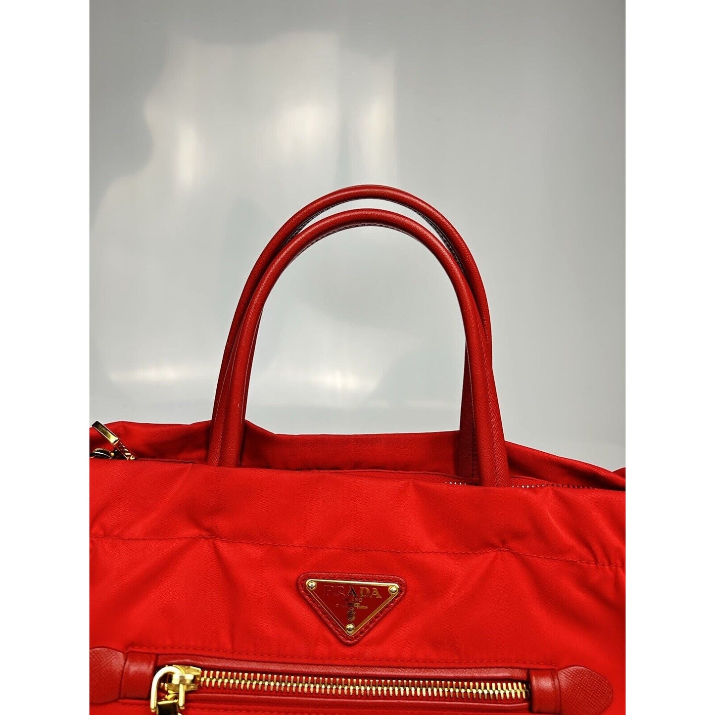 Prada Red Leather Nylon Shoulder Work Bag