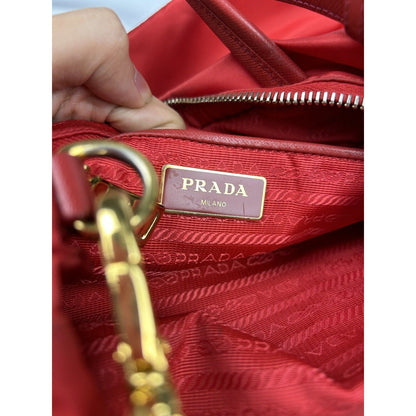 Prada Red Leather Nylon Shoulder Work Bag