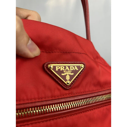 Prada Red Leather Nylon Shoulder Work Bag